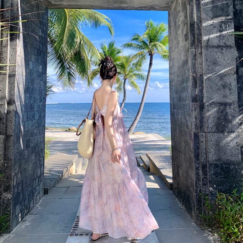 Backless Purple Fairy Dress with Bow, Oil Painting Gradient, Temperament Style for Seaside Vacation, Y2K Aesthetic