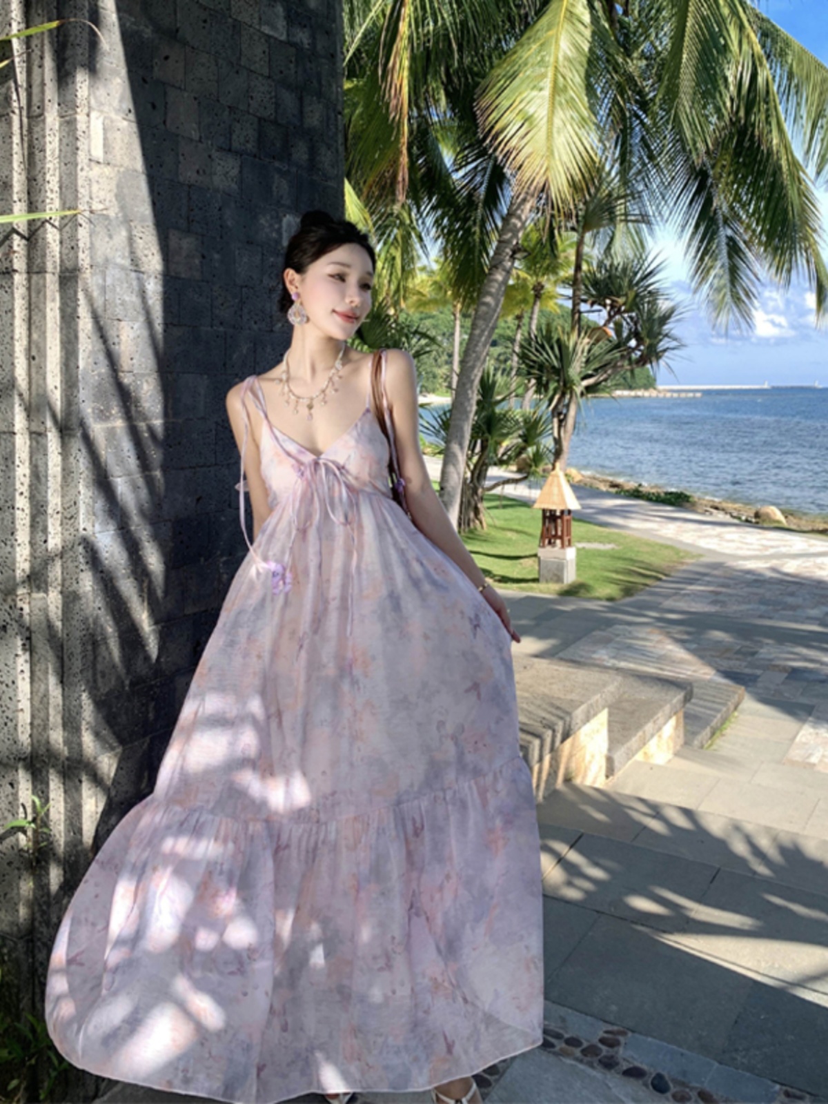 Backless Purple Fairy Dress with Bow, Oil Painting Gradient, Temperament Style for Seaside Vacation, Y2K Aesthetic Backless Purple Fairy Dress with Bow, Oil Painting Gradient, Temperament Style for Seaside Vacation, Y2K Aesthetic