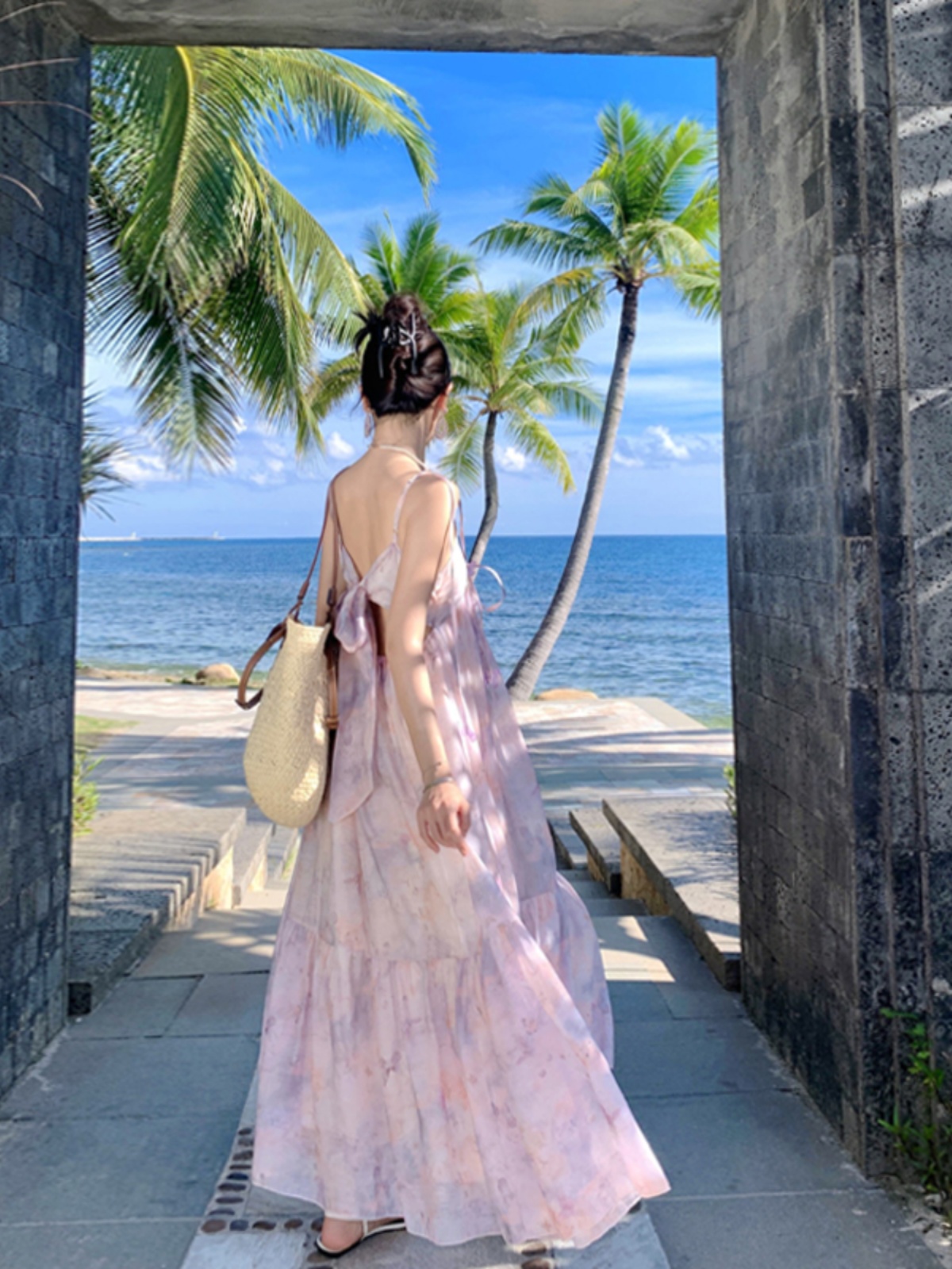 Backless Purple Fairy Dress with Bow, Oil Painting Gradient, Temperament Style for Seaside Vacation, Y2K Aesthetic Backless Purple Fairy Dress with Bow, Oil Painting Gradient, Temperament Style for Seaside Vacation, Y2K Aesthetic