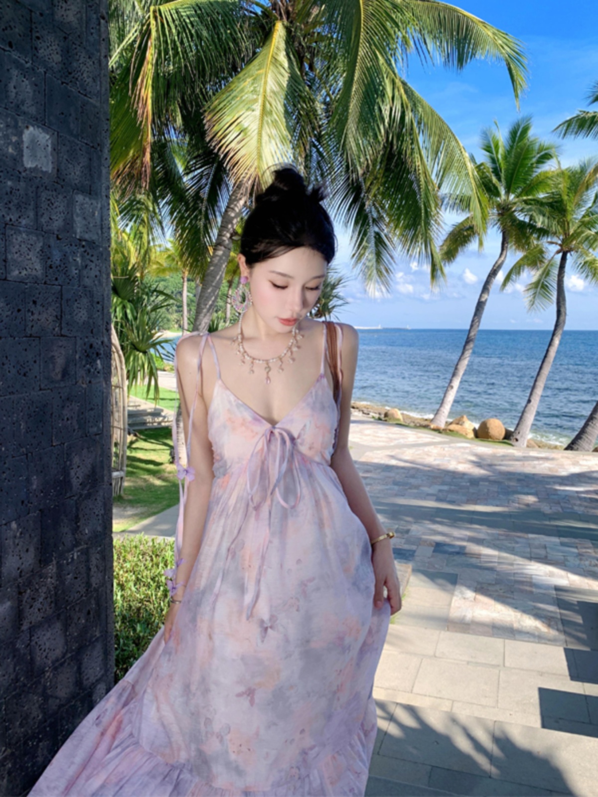 Backless Purple Fairy Dress with Bow, Oil Painting Gradient, Temperament Style for Seaside Vacation, Y2K Aesthetic Backless Purple Fairy Dress with Bow, Oil Painting Gradient, Temperament Style for Seaside Vacation, Y2K Aesthetic