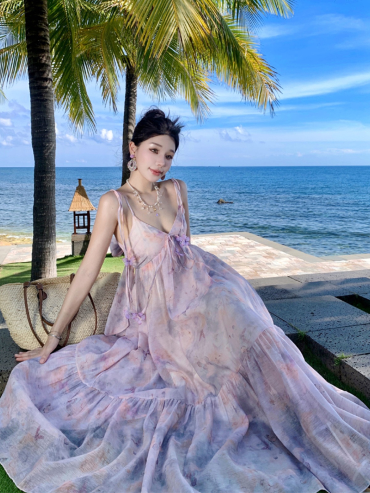 Backless Purple Fairy Dress with Bow, Oil Painting Gradient, Temperament Style for Seaside Vacation, Y2K Aesthetic Backless Purple Fairy Dress with Bow, Oil Painting Gradient, Temperament Style for Seaside Vacation, Y2K Aesthetic