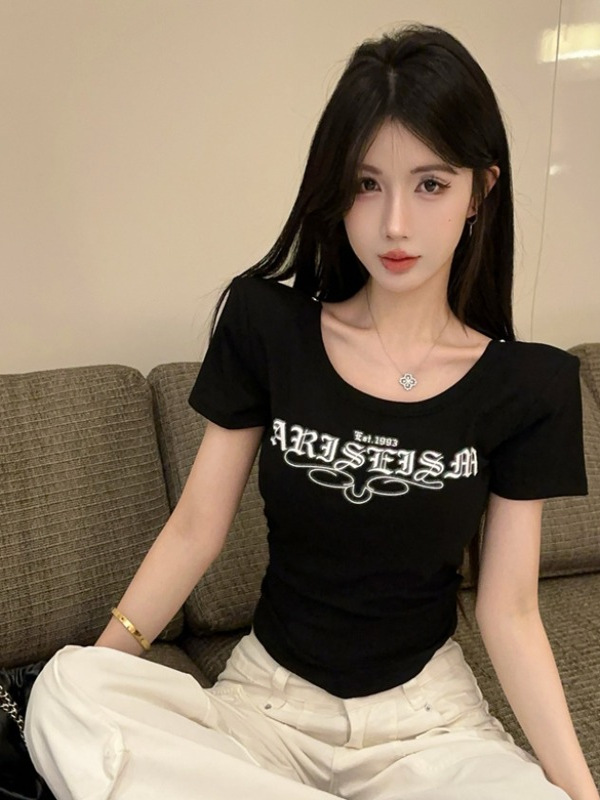 Backless Sexy Cross Crop Top with Letter Print, Short Sleeves, Slim Fit - Summer Y2K Fashion Tee Backless Sexy Cross Crop Top with Letter Print, Short Sleeves, Slim Fit - Summer Y2K Fashion Tee