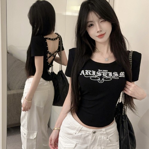 Backless Sexy Cross Crop Top with Letter Print, Short Sleeves, Slim Fit - Summer Y2K Fashion Tee