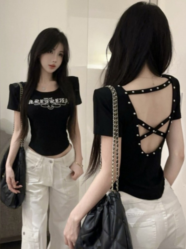 Backless Sexy Cross Crop Top with Letter Print, Short Sleeves, Slim Fit - Summer Y2K Fashion Tee