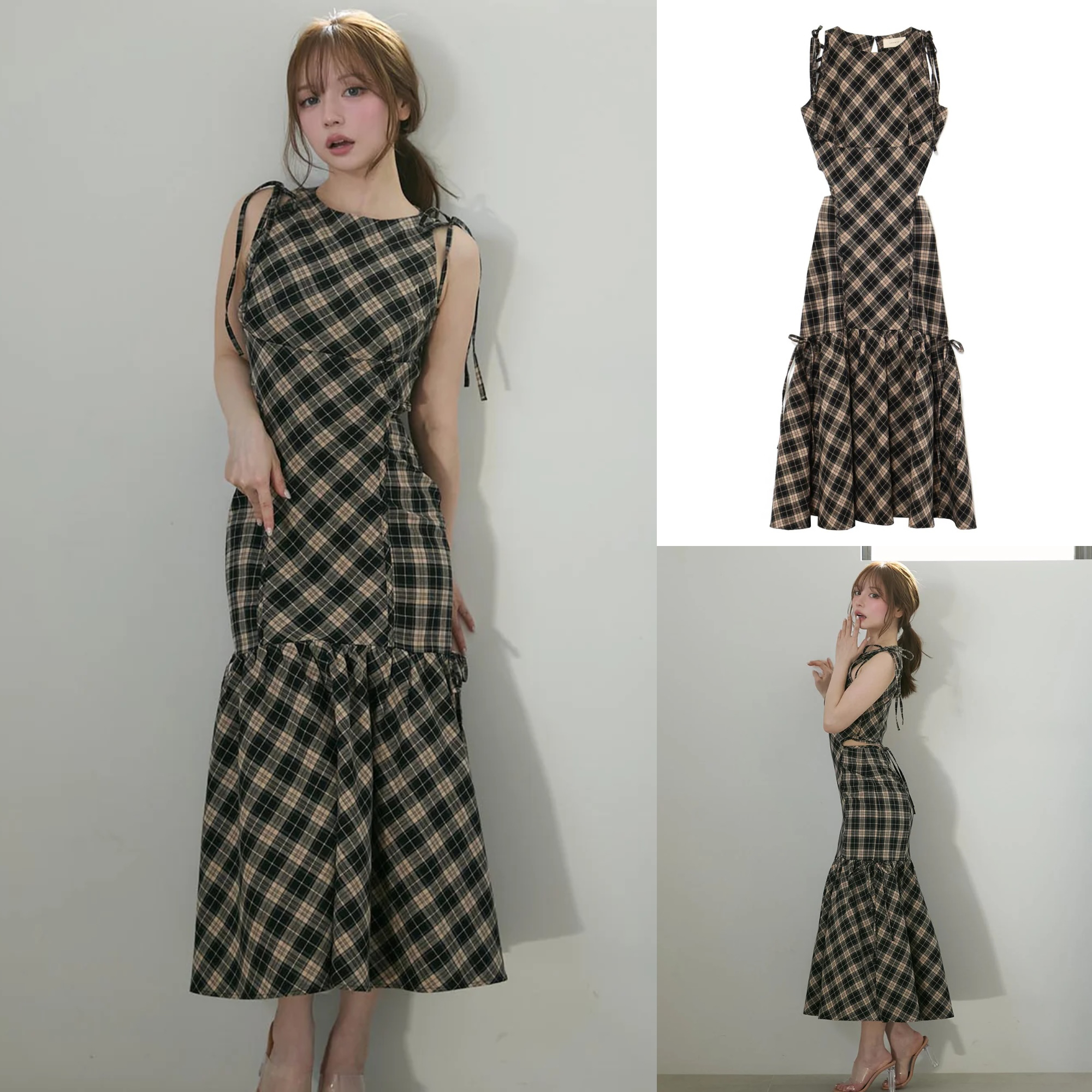 Backless Waist-Cinching Sleeveless Plaid Slip Dress with Mermaid Skirt - Japanese Niche Design, Sweet Aesthetic