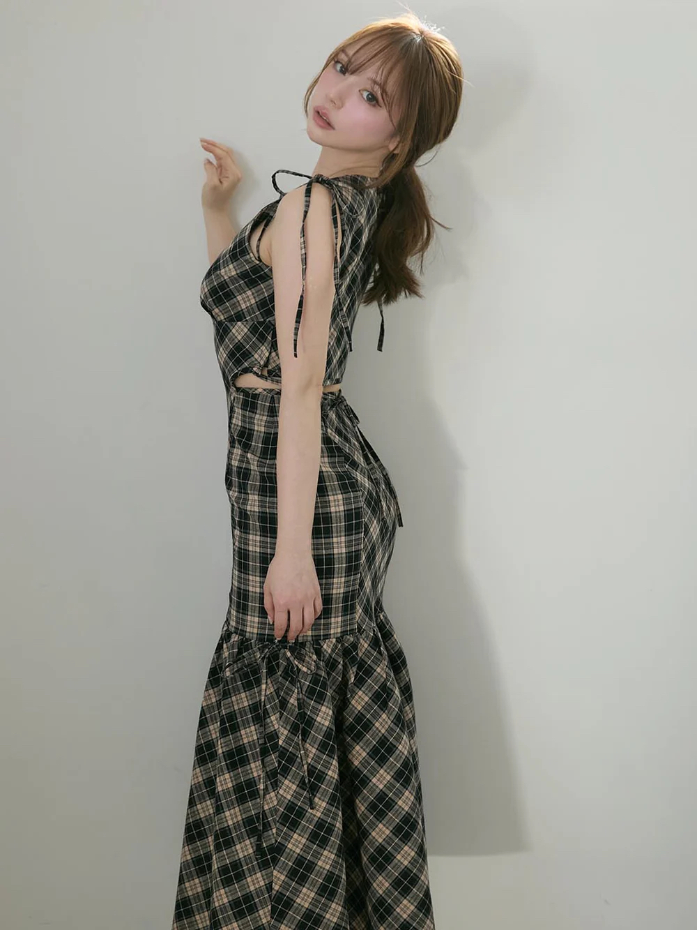 Backless Waist-Cinching Sleeveless Plaid Slip Dress with Mermaid Skirt - Japanese Niche Design, Sweet Aesthetic Backless Waist-Cinching Sleeveless Plaid Slip Dress with Mermaid Skirt - Japanese Niche Design, Sweet Aesthetic