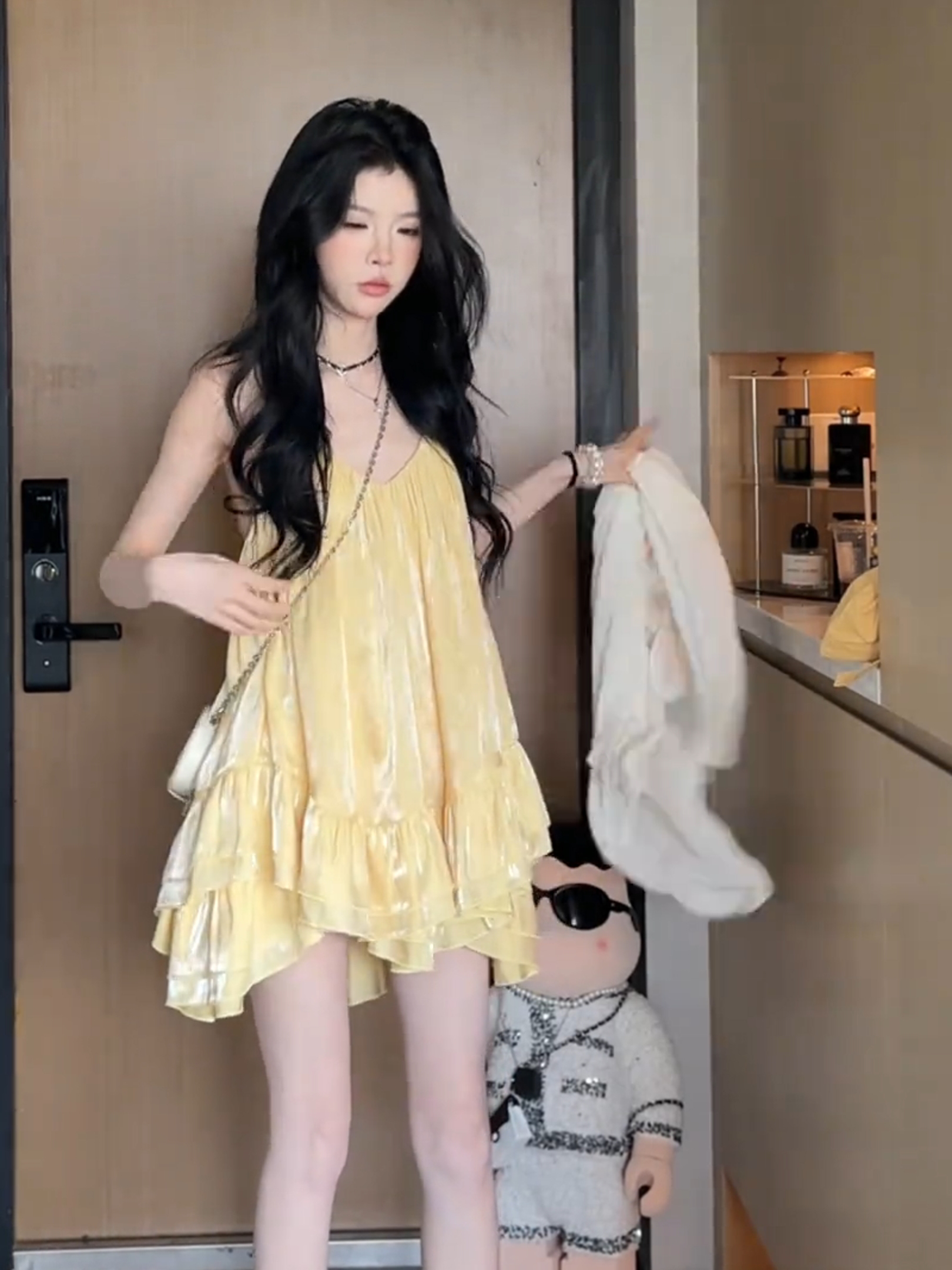 Backless Yellow Spaghetti Strap Dress for Women - French Style Ruffled Summer 2025 Beach Vacation Essential