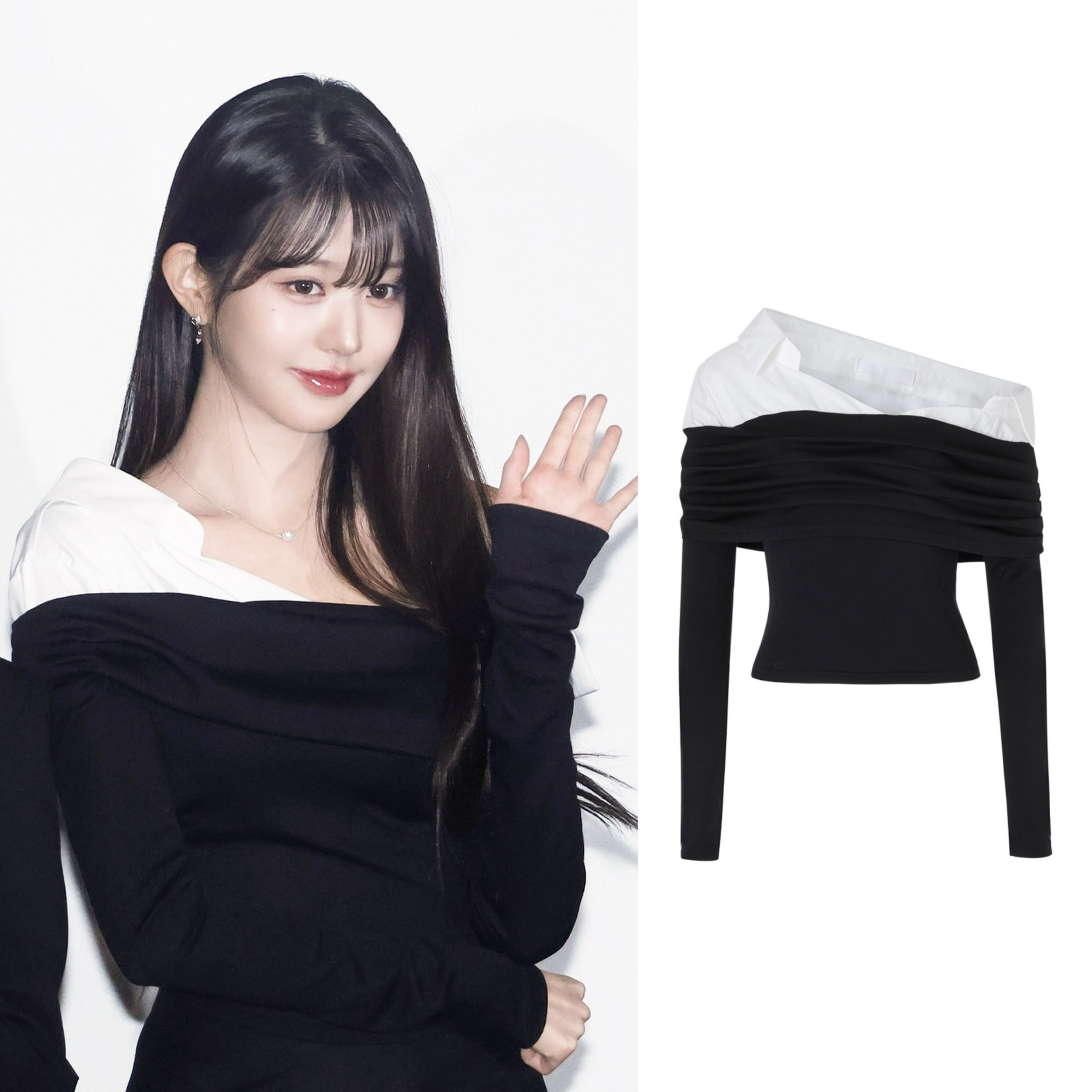 Ballet-Inspired Layered Off-Shoulder Long Sleeve Shirt in Zhang Yuanying Style - Chic Niche Fashion for Y2K and Korean Style Lovers