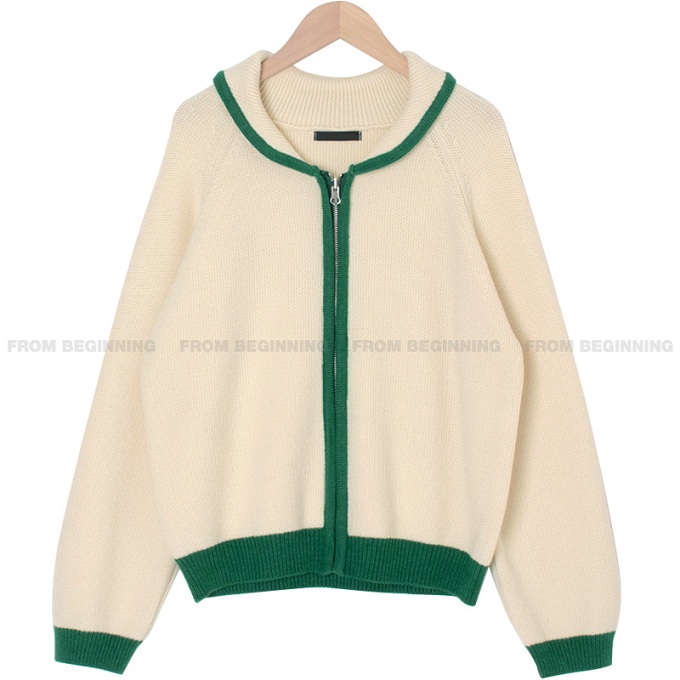 Bamboo Green Striped Thick Knit Zip-Up Cardigan - Korean Style Layering Piece for Effortless 90s-Inspired Fashion Bamboo Green Striped Thick Knit Zip-Up Cardigan - Korean Style Layering Piece for Effortless 90s-Inspired Fashion