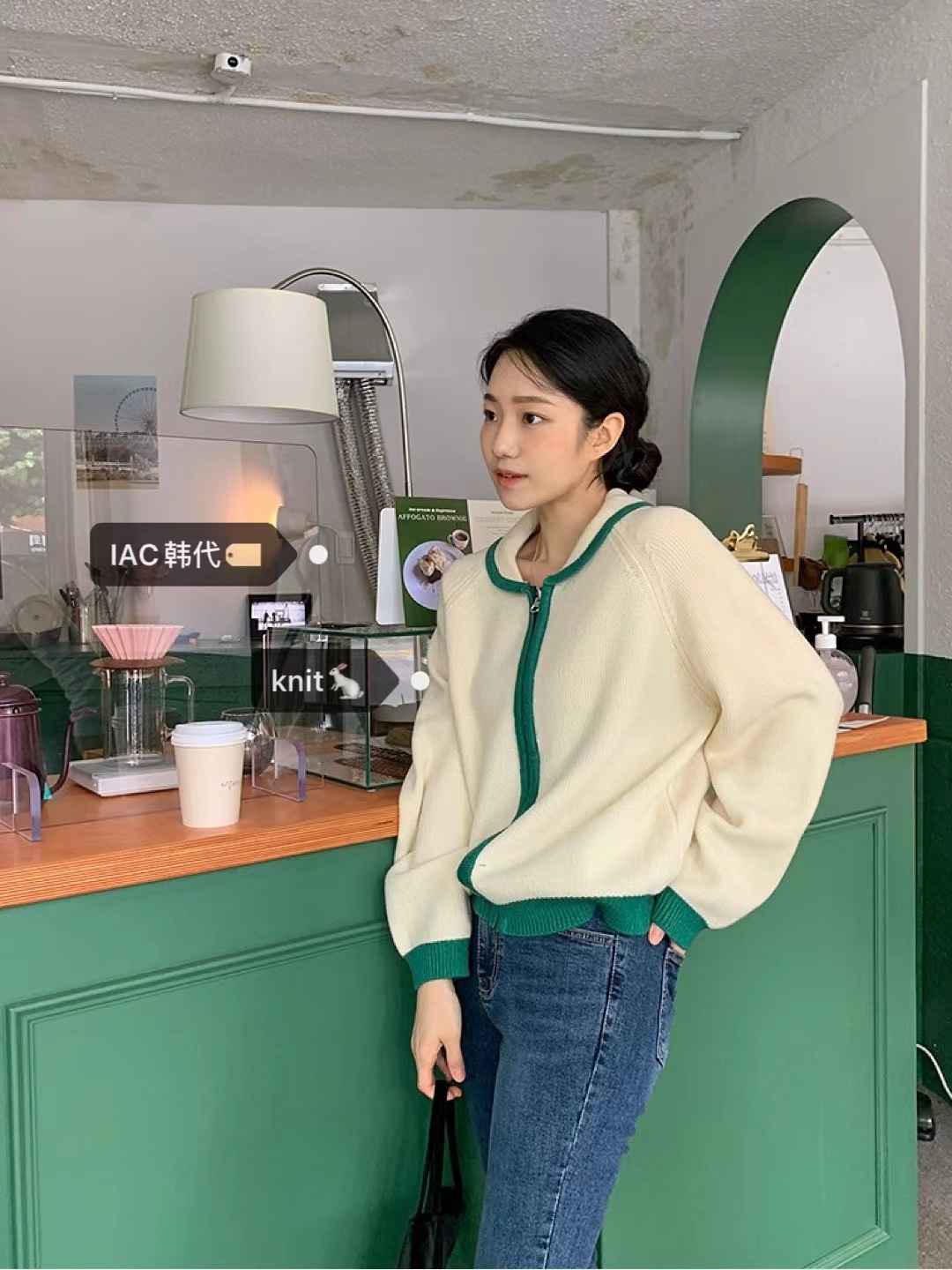 Bamboo Green Striped Thick Knit Zip-Up Cardigan - Korean Style Layering Piece for Effortless 90s-Inspired Fashion Bamboo Green Striped Thick Knit Zip-Up Cardigan - Korean Style Layering Piece for Effortless 90s-Inspired Fashion