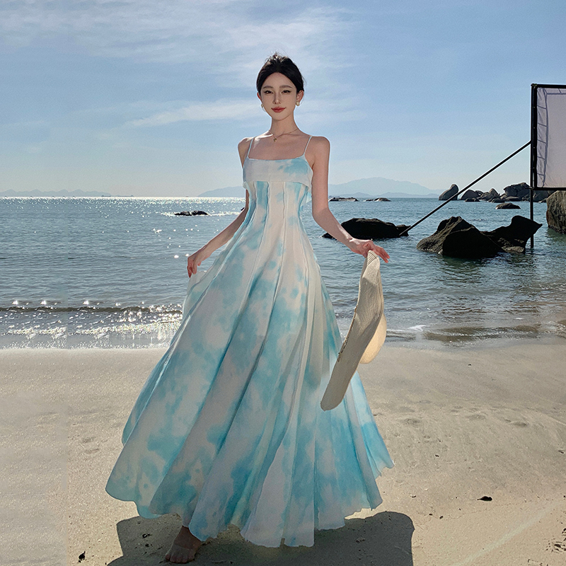 Beautiful Flared Beach Dress for Women - Dopamine Island Style, Perfect for Travel and Seaside Photography