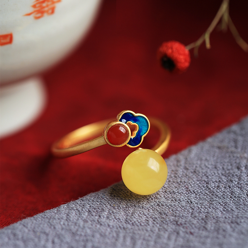 Beeswax Amber and Silver Inlaid Jade Fortune Bead Ring for Women - Chinese Style Enamel Design, Boho National Wind Jewelry