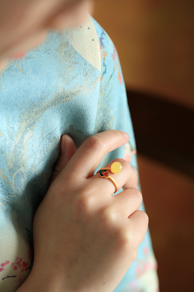 Beeswax Amber and Silver Inlaid Jade Fortune Bead Ring for Women - Chinese Style Enamel Design, Boho National Wind Jewelry