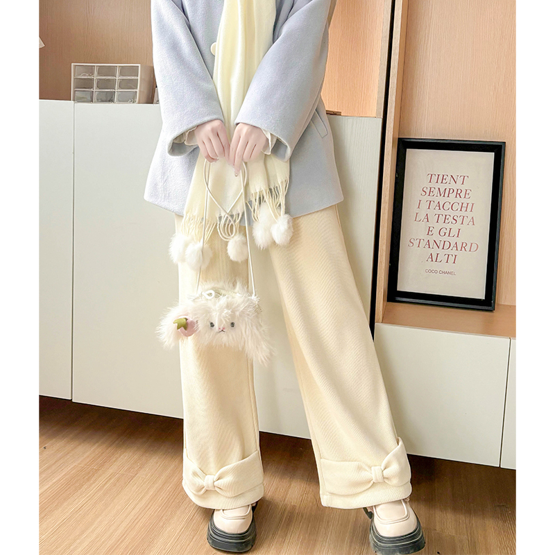 Beige Fleece-Lined Casual Straight Pants for Women - Cute Pudding Bear JK Uniform Winter Bow College Style Trousers
