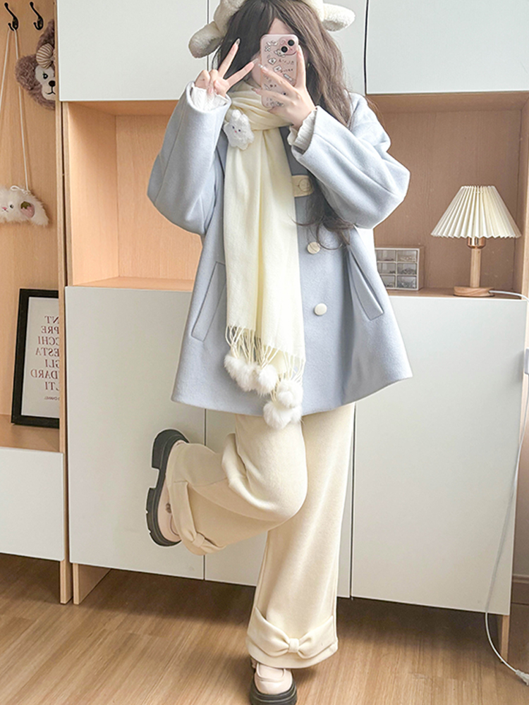 Beige Fleece-Lined Casual Straight Pants for Women - Cute Pudding Bear JK Uniform Winter Bow College Style Trousers Beige Fleece-Lined Casual Straight Pants for Women - Cute Pudding Bear JK Uniform Winter Bow College Style Trousers