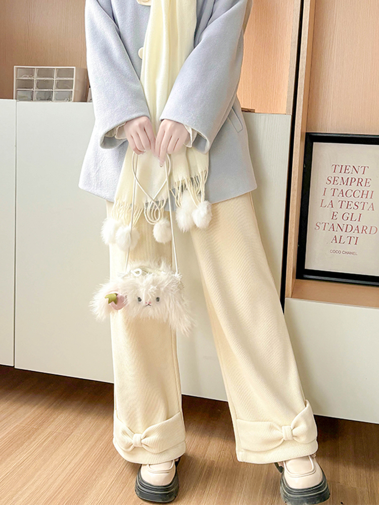 Beige Fleece-Lined Casual Straight Pants for Women - Cute Pudding Bear JK Uniform Winter Bow College Style Trousers Beige Fleece-Lined Casual Straight Pants for Women - Cute Pudding Bear JK Uniform Winter Bow College Style Trousers