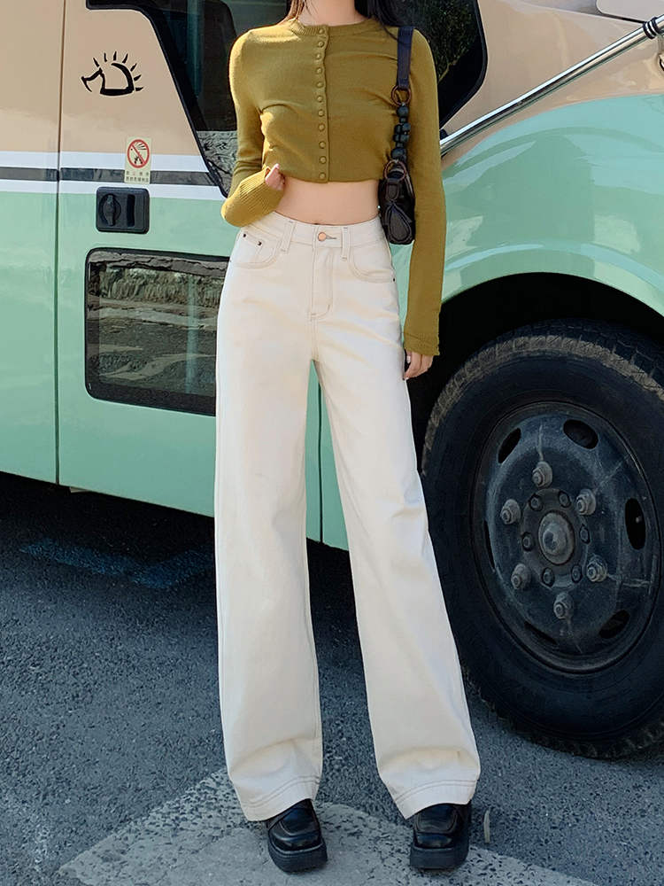 Beige High Street Straight-Leg Jeans for Women - 2025 Autumn/Winter Plush Loose Fit Wide-Leg Floor-Length Pants Beige High Street Straight-Leg Jeans for Women - 2025 Autumn/Winter Plush Loose Fit Wide-Leg Floor-Length Pants