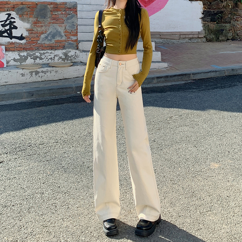 Beige High Street Straight-Leg Jeans for Women - 2025 Autumn/Winter Plush Loose Fit Wide-Leg Floor-Length Pants