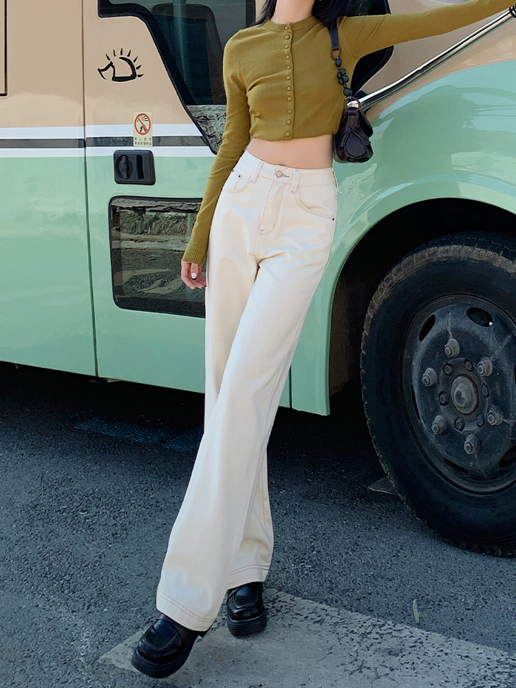 Beige High Street Straight-Leg Jeans for Women - 2025 Autumn/Winter Plush Loose Fit Wide-Leg Floor-Length Pants Beige High Street Straight-Leg Jeans for Women - 2025 Autumn/Winter Plush Loose Fit Wide-Leg Floor-Length Pants