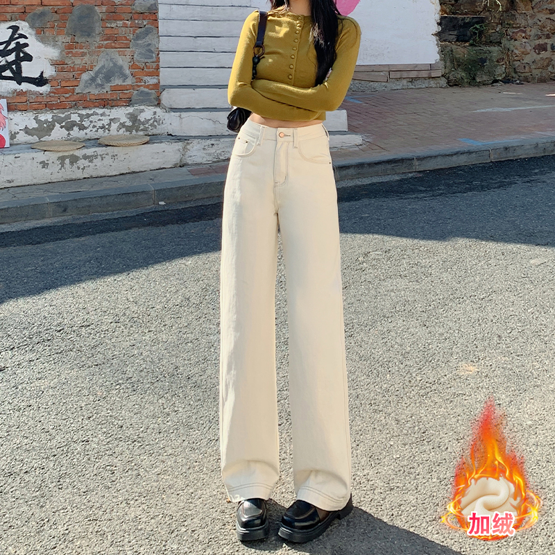 Beige High Street Straight-Leg Jeans for Women - 2025 Autumn/Winter Plush Loose Fit Wide-Leg Floor-Length Pants Beige High Street Straight-Leg Jeans for Women - 2025 Autumn/Winter Plush Loose Fit Wide-Leg Floor-Length Pants