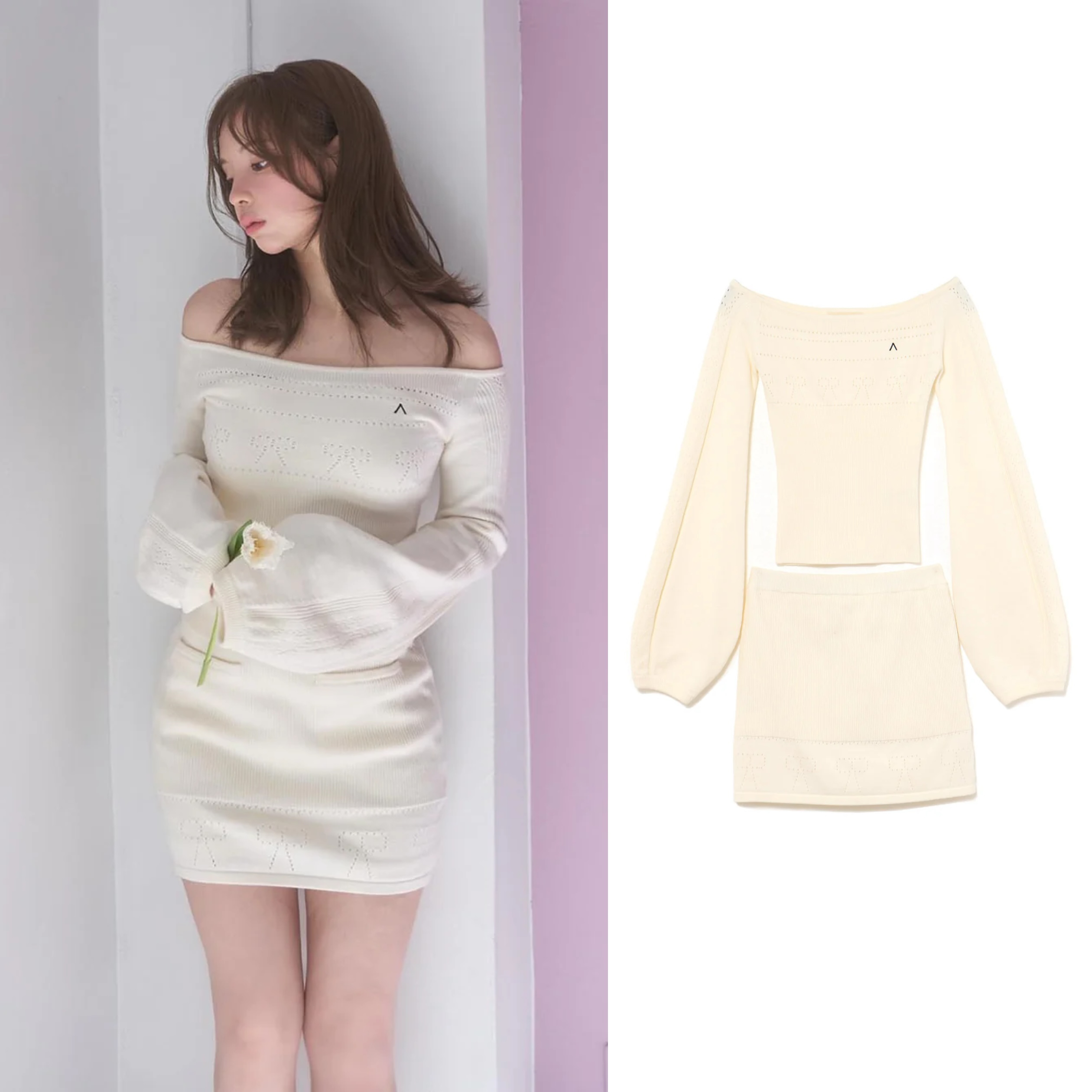 Beige One-Shoulder Knitted Top and Skirt Set - Spring/Summer 2025 Japanese Style Fashion