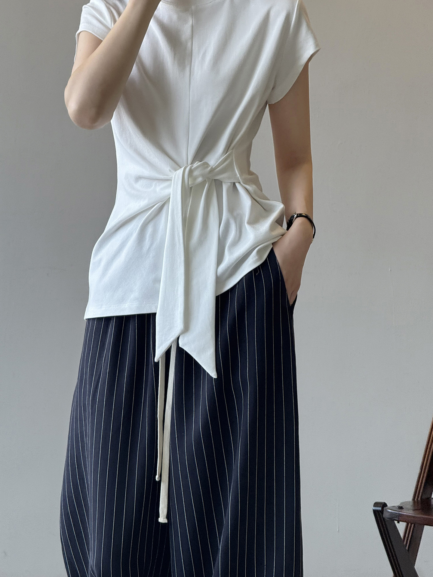 Belted Waist Short Sleeve T-Shirt for Women with Irregular Round Neck and Small Flying Sleeves - Summer 2025 Fashion Top