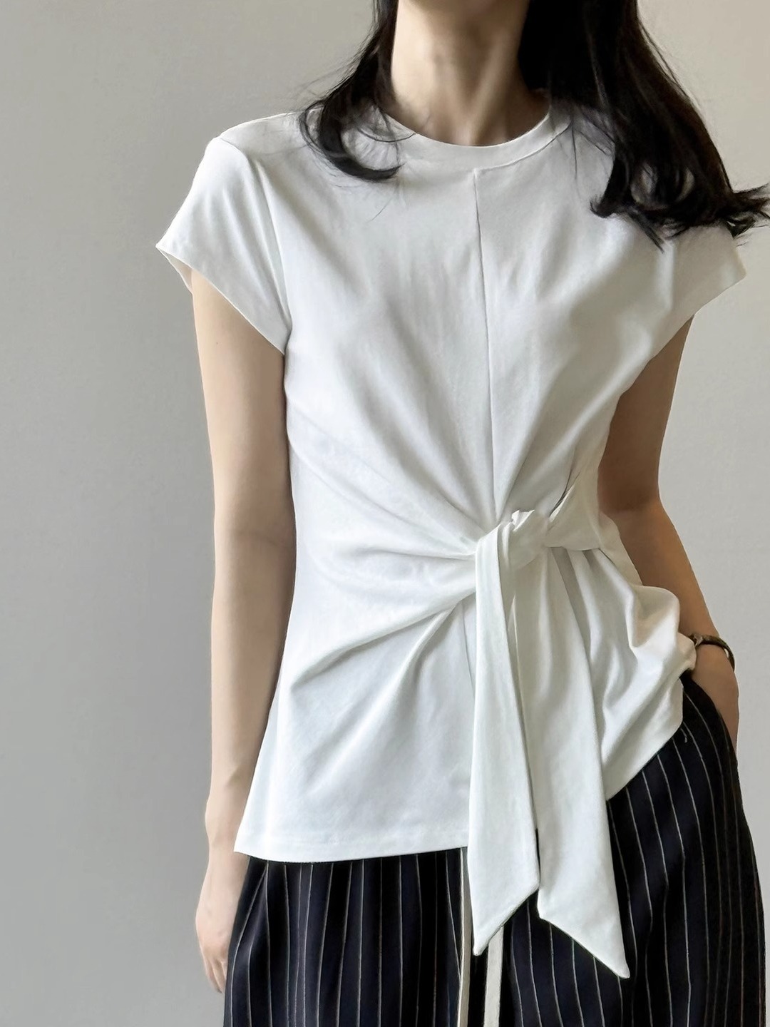 Belted Waist Short Sleeve T-Shirt for Women with Irregular Round Neck and Small Flying Sleeves - Summer 2025 Fashion Top Belted Waist Short Sleeve T-Shirt for Women with Irregular Round Neck and Small Flying Sleeves - Summer 2025 Fashion Top
