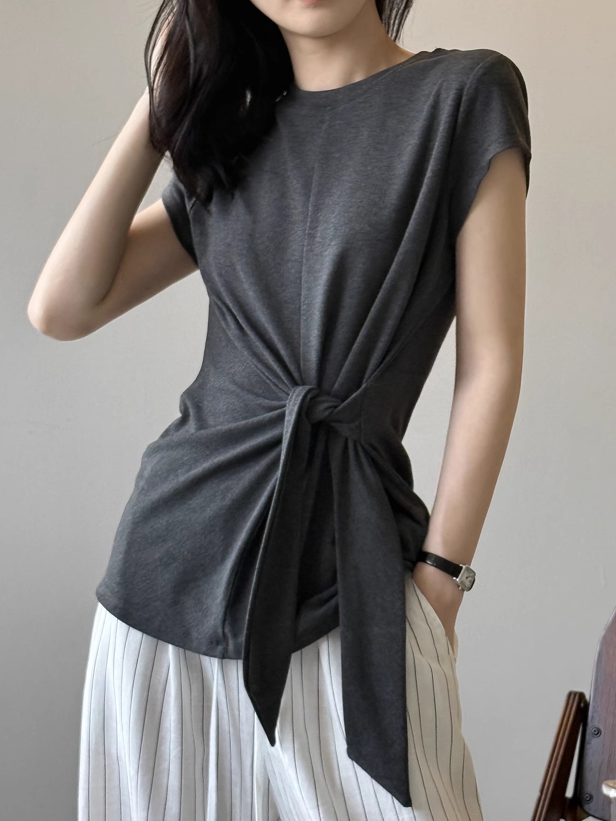 Belted Waist Short Sleeve T-Shirt for Women with Irregular Round Neck and Small Flying Sleeves - Summer 2025 Fashion Top