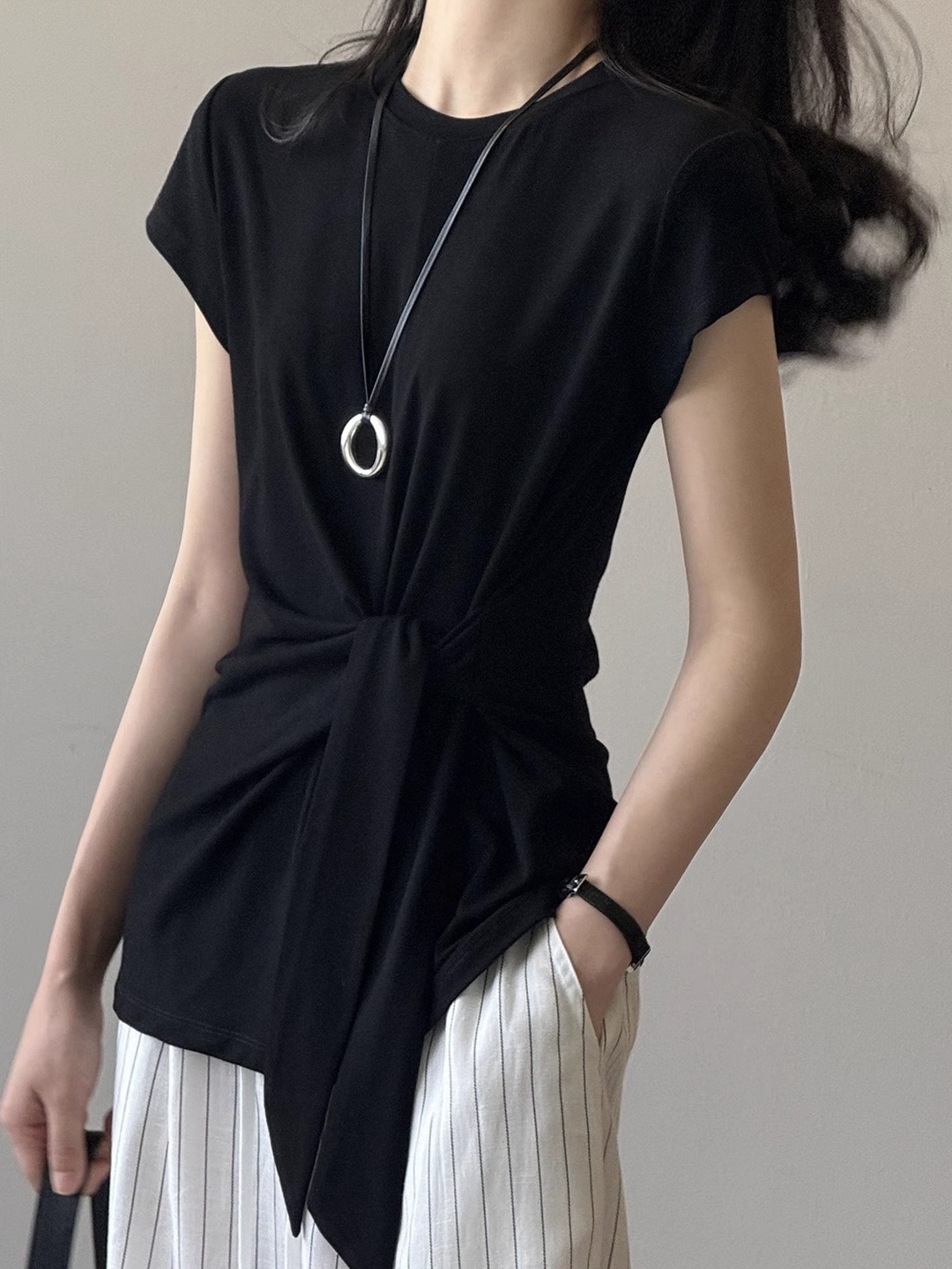 Belted Waist Short Sleeve T-Shirt for Women with Irregular Round Neck and Small Flying Sleeves - Summer 2025 Fashion Top Belted Waist Short Sleeve T-Shirt for Women with Irregular Round Neck and Small Flying Sleeves - Summer 2025 Fashion Top