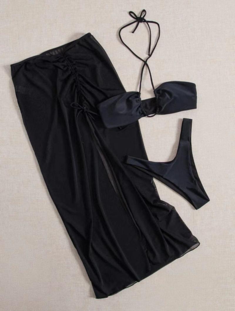 Black Body-Shaping Split Long Skirt Bikini Three-Piece Set for Women - Sexy Small Bust Gathering Swimwear for Hot Spring 90s Style Black Body-Shaping Split Long Skirt Bikini Three-Piece Set for Women - Sexy Small Bust Gathering Swimwear for Hot Spring 90s Style