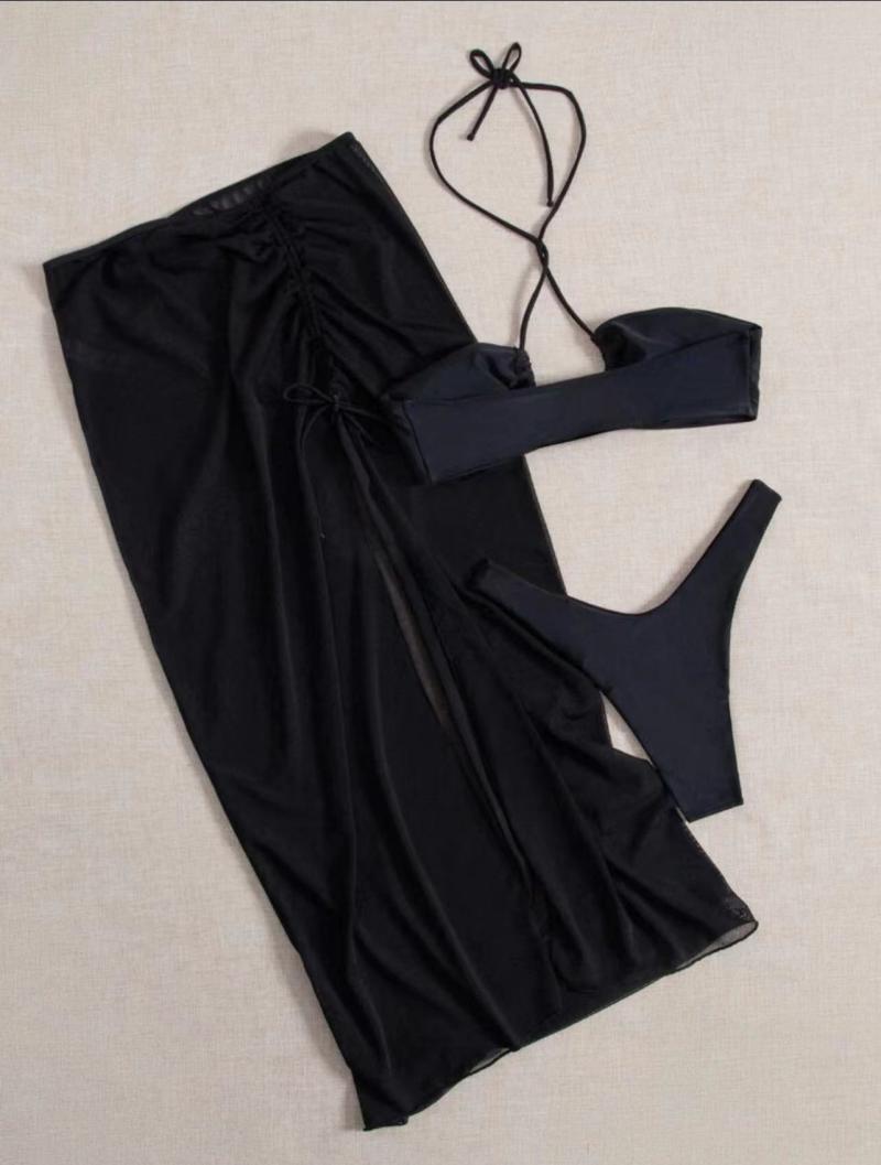 Black Body-Shaping Split Long Skirt Bikini Three-Piece Set for Women - Sexy Small Bust Gathering Swimwear for Hot Spring 90s Style Black Body-Shaping Split Long Skirt Bikini Three-Piece Set for Women - Sexy Small Bust Gathering Swimwear for Hot Spring 90s Style
