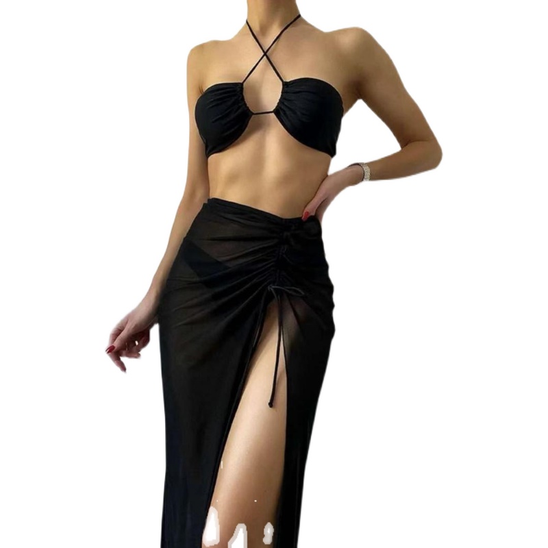 Black Body-Shaping Split Long Skirt Bikini Three-Piece Set for Women - Sexy Small Bust Gathering Swimwear for Hot Spring 90s Style Black Body-Shaping Split Long Skirt Bikini Three-Piece Set for Women - Sexy Small Bust Gathering Swimwear for Hot Spring 90s Style