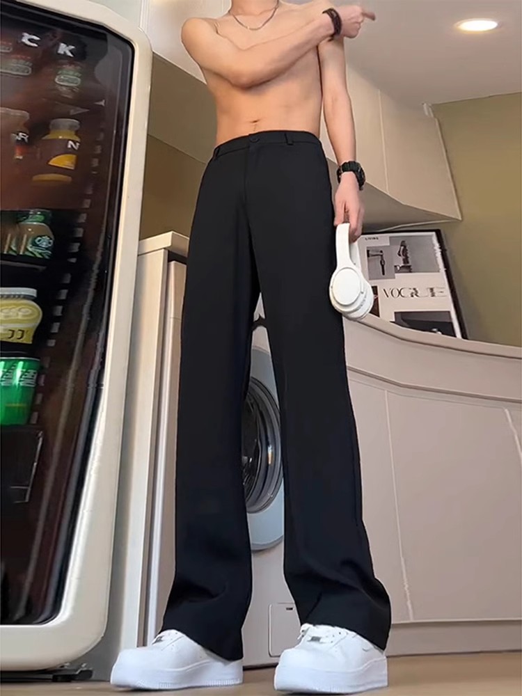 Black Curved Knife Flare Trousers for Men - High-End Draping Straight-Leg Pants for Spring and Summer Casual Style