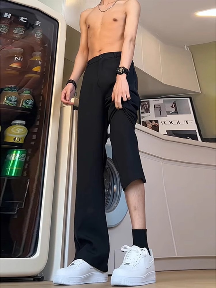 Black Curved Knife Flare Trousers for Men - High-End Draping Straight-Leg Pants for Spring and Summer Casual Style Black Curved Knife Flare Trousers for Men - High-End Draping Straight-Leg Pants for Spring and Summer Casual Style