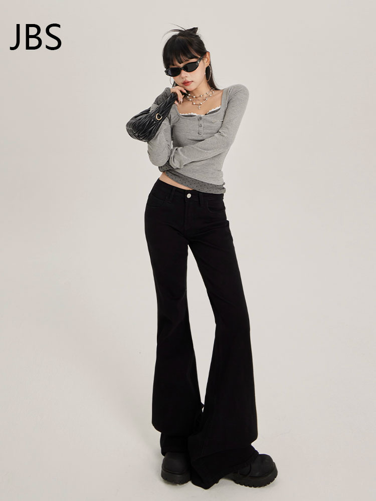 Black Flared Jeans for Women, Low-Waisted Fleece-Lined, Stretchy Loose Fit, Slimming Floor-Length Pants - 2025 Autumn Winter Style Black Flared Jeans for Women, Low-Waisted Fleece-Lined, Stretchy Loose Fit, Slimming Floor-Length Pants - 2025 Autumn Winter Style
