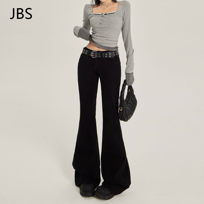 Black Flared Jeans for Women, Low-Waisted Fleece-Lined, Stretchy Loose Fit, Slimming Floor-Length Pants - 2025 Autumn Winter Style