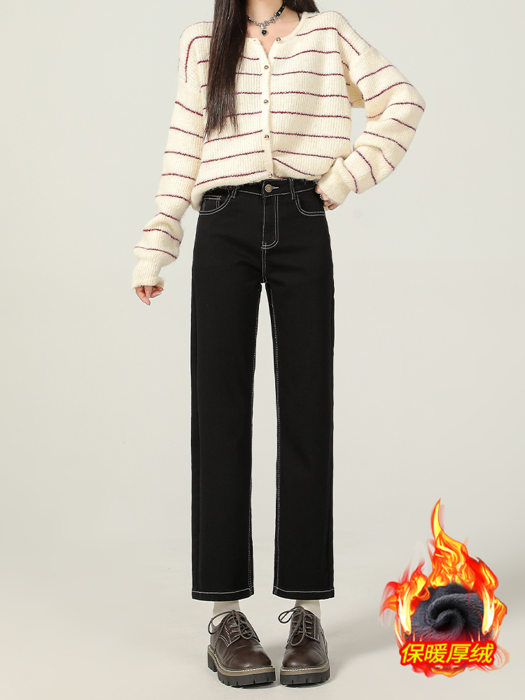 Black Fleece-Lined Straight Tube Cigarette Pants for Women - 2025 Autumn Winter, Four-Way Stretch, Nine-Point Length, Petite Fit