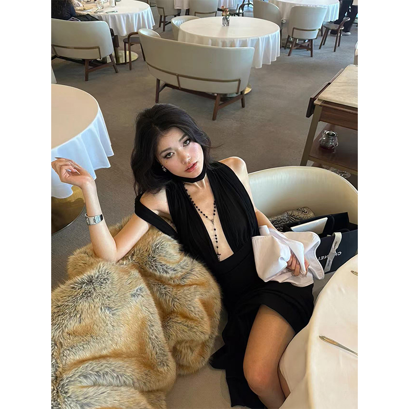 Black Halter Long Dress with Flowing Ribbons, Hollow Design & Versatile Styles - French Fashion Inspired Black Halter Long Dress with Flowing Ribbons, Hollow Design & Versatile Styles - French Fashion Inspired