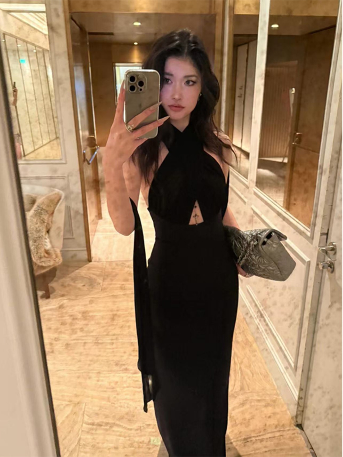 Black Halter Long Dress with Flowing Ribbons, Hollow Design & Versatile Styles - French Fashion Inspired Black Halter Long Dress with Flowing Ribbons, Hollow Design & Versatile Styles - French Fashion Inspired