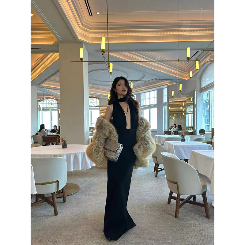 Black Halter Long Dress with Flowing Ribbons, Hollow Design & Versatile Styles - French Fashion Inspired