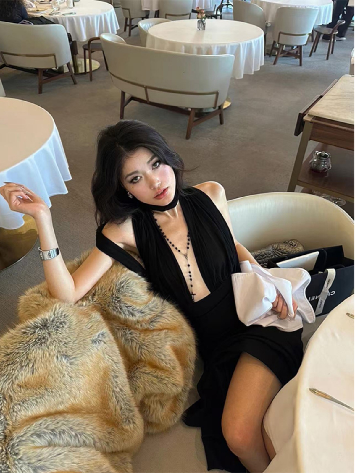 Black Halter Long Dress with Flowing Ribbons, Hollow Design & Versatile Styles - French Fashion Inspired Black Halter Long Dress with Flowing Ribbons, Hollow Design & Versatile Styles - French Fashion Inspired