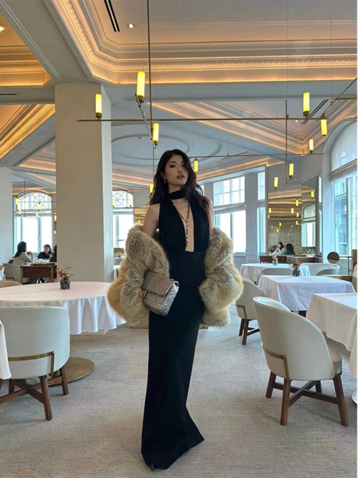 Black Halter Long Dress with Flowing Ribbons, Hollow Design & Versatile Styles - French Fashion Inspired Black Halter Long Dress with Flowing Ribbons, Hollow Design & Versatile Styles - French Fashion Inspired