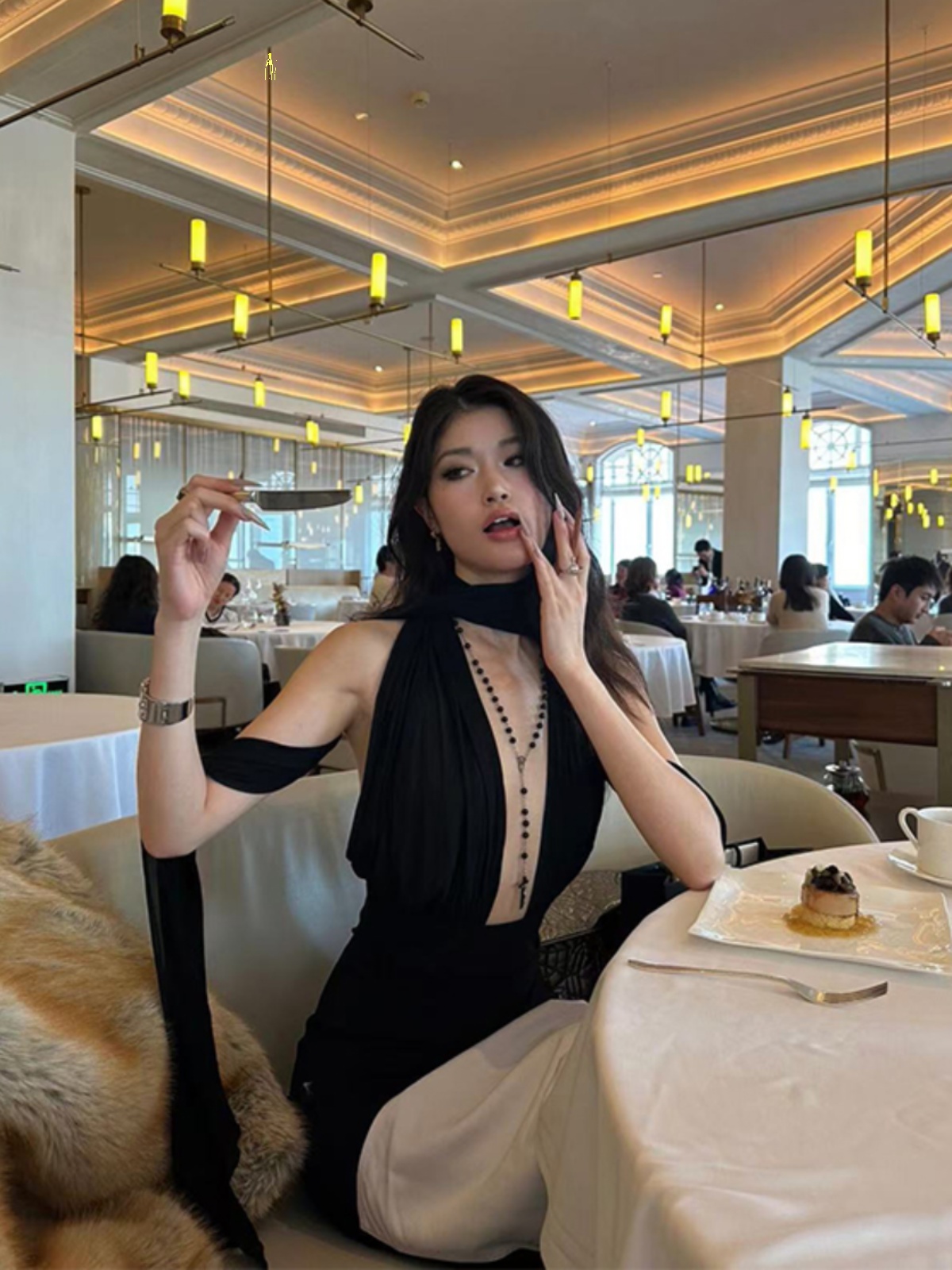 Black Halter Long Dress with Flowing Ribbons, Hollow Design & Versatile Styles - French Fashion Inspired Black Halter Long Dress with Flowing Ribbons, Hollow Design & Versatile Styles - French Fashion Inspired