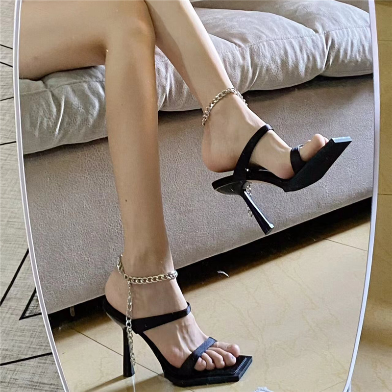 Black High-Heeled Sandals for Women - Square-Toe Open-Toe Chain Strap Design for Spring/Summer 2025, Stylish Thin Heel Slippers