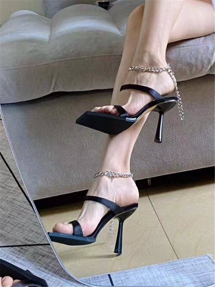 Black High-Heeled Sandals for Women - Square-Toe Open-Toe Chain Strap Design for Spring/Summer 2025, Stylish Thin Heel Slippers Black High-Heeled Sandals for Women - Square-Toe Open-Toe Chain Strap Design for Spring/Summer 2025, Stylish Thin Heel Slippers