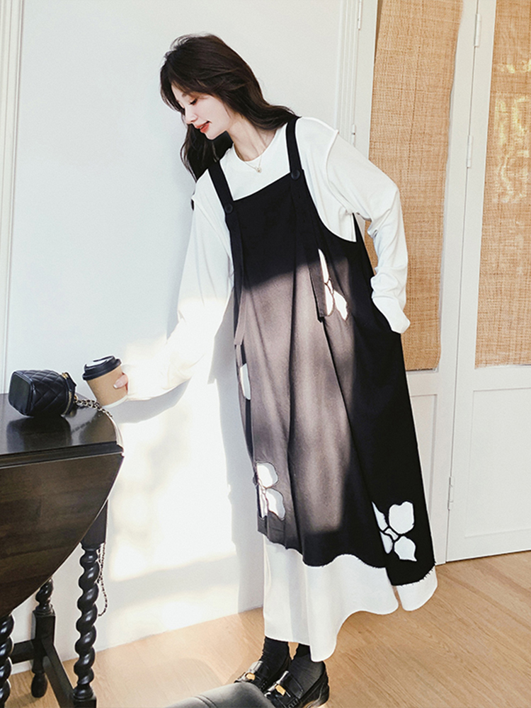 Black Hollow Flower Strap Dress Fashion Set - Long Sleeve T-Shirt Two-Piece for Spring 2025, Gentle Y2K Style Black Hollow Flower Strap Dress Fashion Set - Long Sleeve T-Shirt Two-Piece for Spring 2025, Gentle Y2K Style