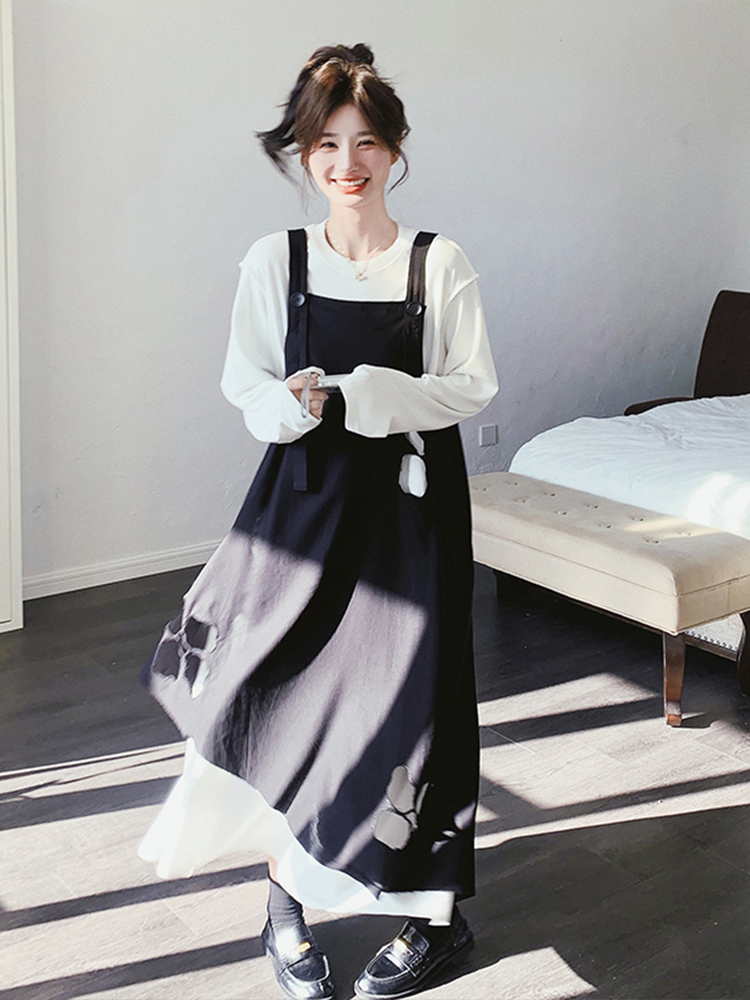 Black Hollow Flower Strap Dress Fashion Set - Long Sleeve T-Shirt Two-Piece for Spring 2025, Gentle Y2K Style Black Hollow Flower Strap Dress Fashion Set - Long Sleeve T-Shirt Two-Piece for Spring 2025, Gentle Y2K Style