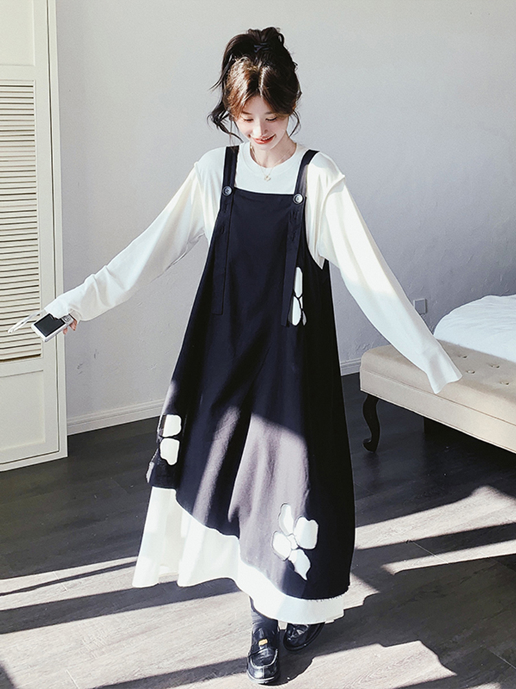 Black Hollow Flower Strap Dress Fashion Set - Long Sleeve T-Shirt Two-Piece for Spring 2025, Gentle Y2K Style Black Hollow Flower Strap Dress Fashion Set - Long Sleeve T-Shirt Two-Piece for Spring 2025, Gentle Y2K Style
