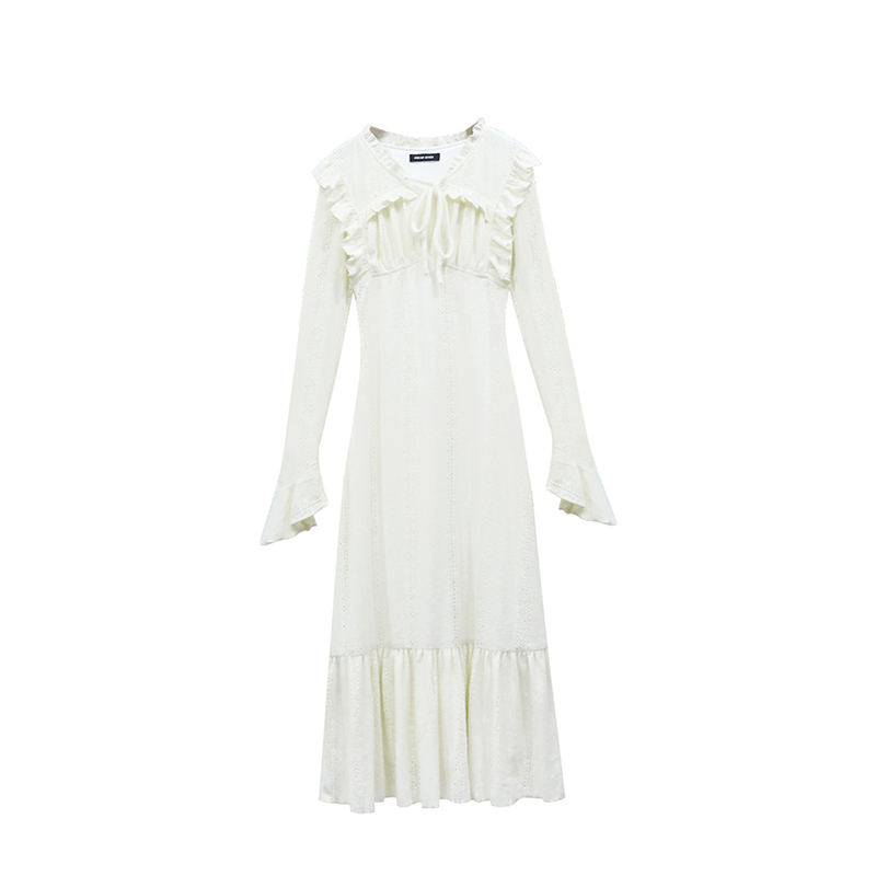 Black Lace-Trimmed Long Sleeve Dress for Women, Waist-Cinching, Elegant Tie-Up Knitted Skirt, 2025 Spring Fashion Trend Black Lace-Trimmed Long Sleeve Dress for Women, Waist-Cinching, Elegant Tie-Up Knitted Skirt, 2025 Spring Fashion Trend