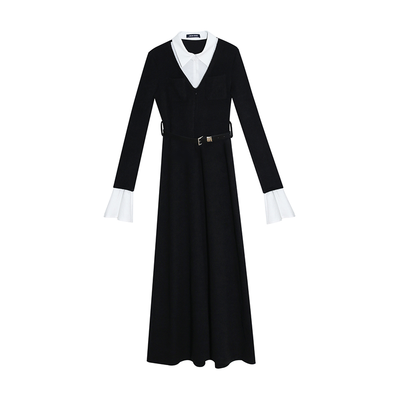 Black Long Sleeve Faux Two-Piece Knitted Dress for Women with Waist Design, A-Line Short Skirt, Autumn Winter 2025 Fashion Black Long Sleeve Faux Two-Piece Knitted Dress for Women with Waist Design, A-Line Short Skirt, Autumn Winter 2025 Fashion